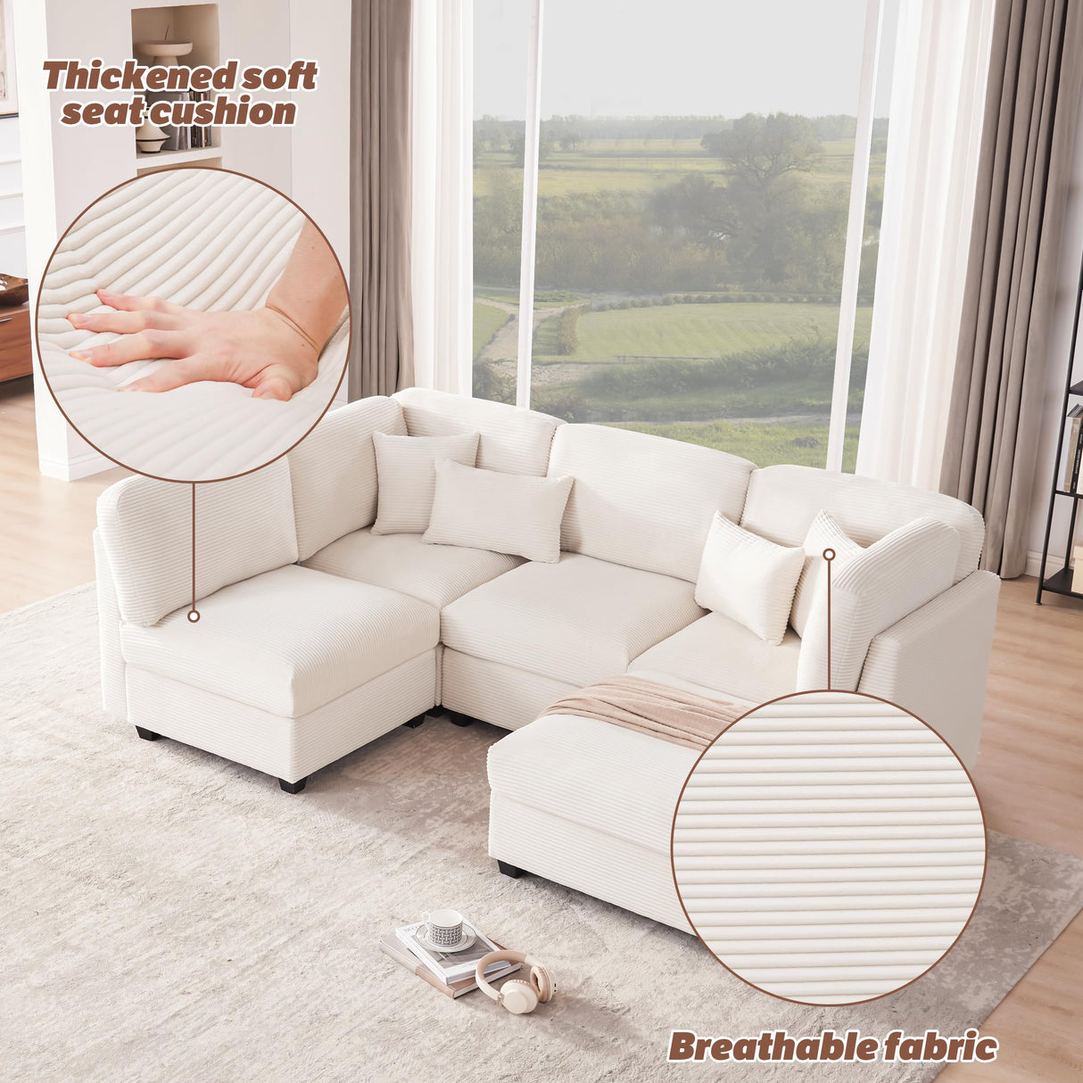 Huatean Home 125 Inch Oversized Corduroy Modular Sectional Sofa, U Shaped Modular Couch with Storage, 5 Seat Convertible Corduroy Couch, Comfy Sectional Couches for Living Room with Foam, Light Beige Huatean Home