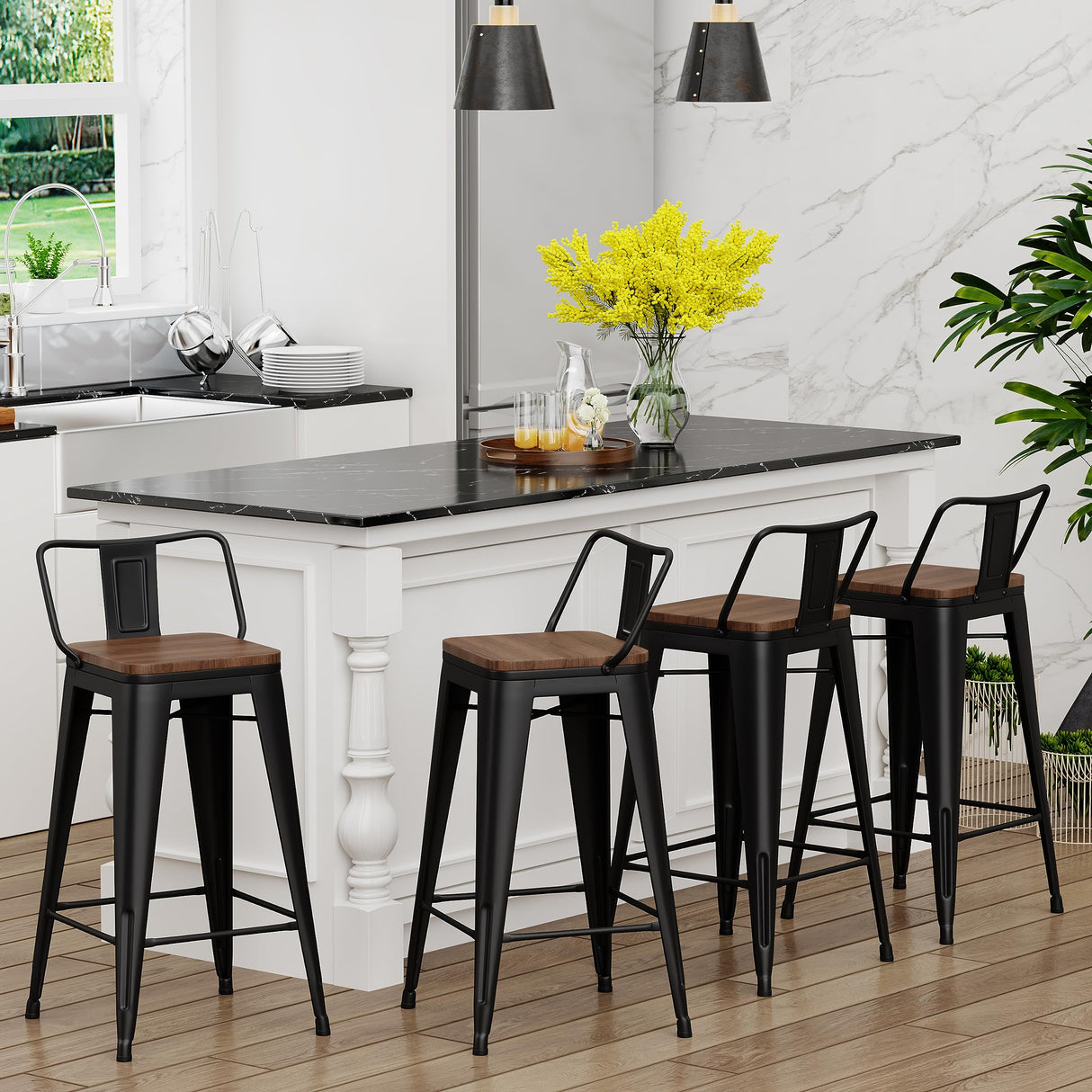 Yongchuang 24" Metal Barstools Set of 4 Counter Bar Stools with Wood Top Low Back Matte Black Yongchuang