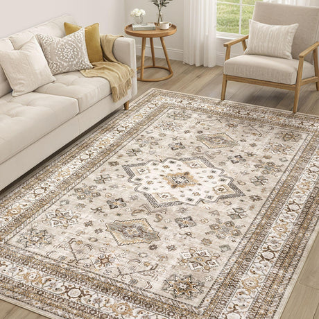 Vintage Living Room Area Rug 5x7 - Large Soft Washable Oriental Traditional Distressed Farmhouse Rugs for Bedroom - Indoor Floor Accent Carpet for Home Office House Decor - Beige cotiled