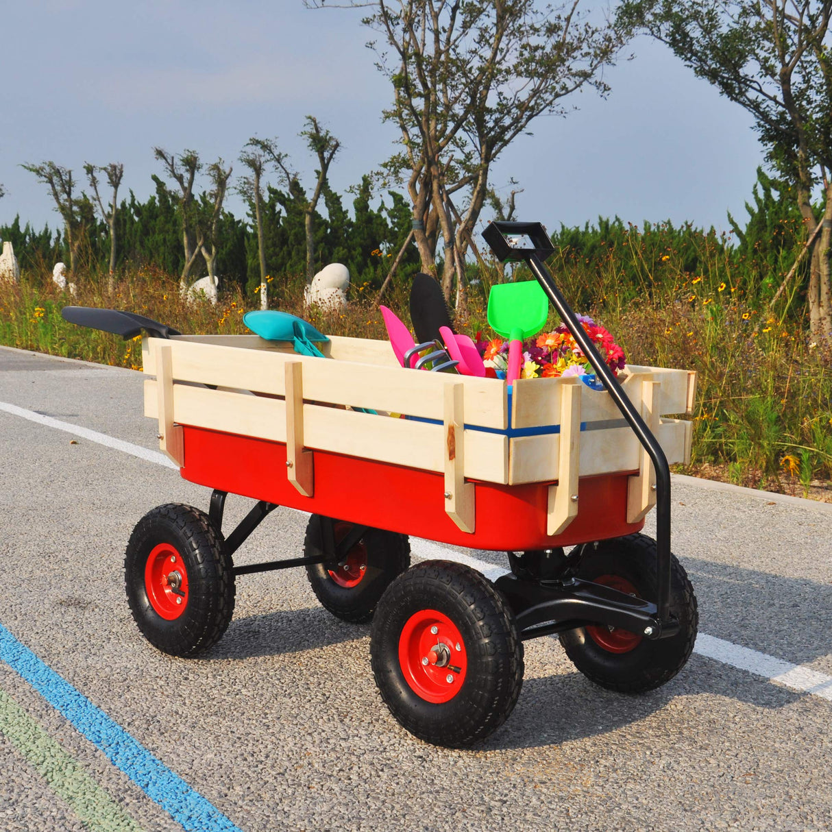 ZeHuoGe Outdoor Sport Wagon All Terrain Pulling w/Removable Wooden Side Panels Air Tires Big Foot Panel Wagon 330 lbs. Weight Capacity Sturdy All Steel Wagon Bed ZeHuoGe