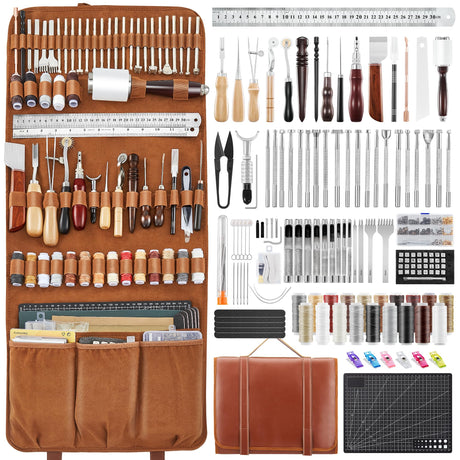 SAKERNEO Professional Leather Working Tools Kit with 52 Stamping Molds, Multi-Size Hole Punch Tool, Engraving/Cutting Mats & Rivet Accessories,Leather Crafting Kit for DIY, Repair & Stitching SAKERNEO