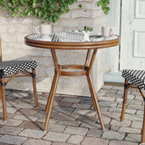 Flash Furniture Lourdes Indoor/Outdoor Commercial French Bistro Table, PE, Glass Top, Bamboo Print Aluminum, 31.5" Round, Black & White Rattan/Natural Frame Flash Furniture