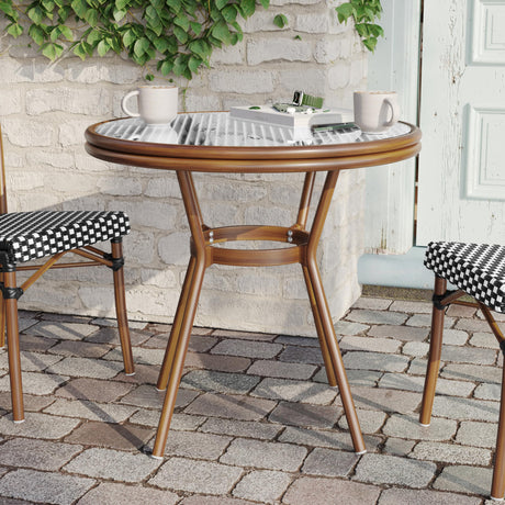 Flash Furniture Lourdes Indoor/Outdoor Commercial French Bistro Table, PE, Glass Top, Bamboo Print Aluminum, 31.5" Round, Black & White Rattan/Natural Frame Flash Furniture