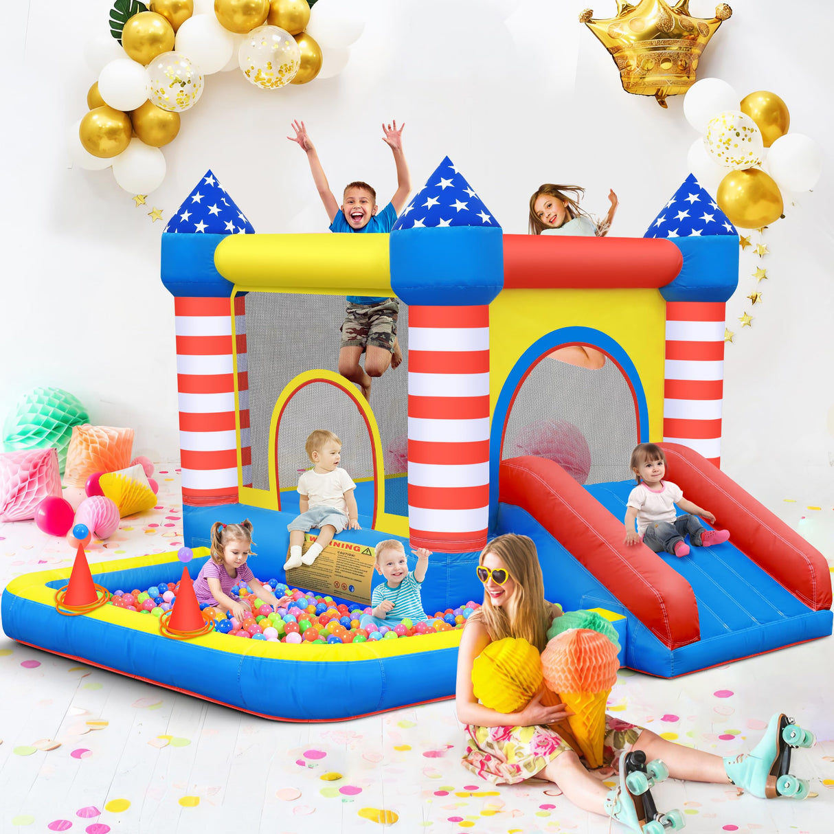 Culaluva Inflatable Bounce House: Bouncer Bouncy Castle 5 in 1 with Ball Pit & Slide for Kids Aged 3-8 - with 370W Blower & Storage Bag - Indoor Outdoor Play Stripes Style CulaLuva