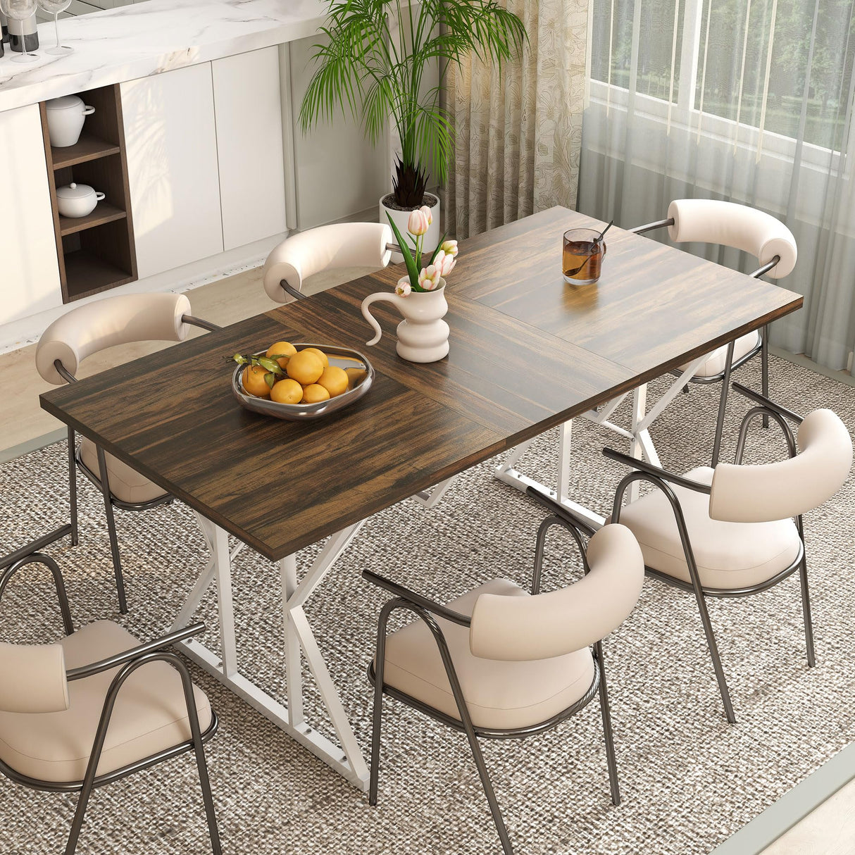 HOMCOM 63"-47" Expandable Dining Table for 4-6 People, Farmhouse Extendable Dining Room Table with Heavy Duty Metal Trestle Base, Rectangle Kitchen Table, Distressed Brown HOMCOM