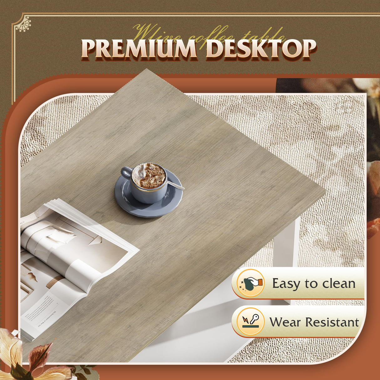 WLIVE Coffee Table with Storage Shelf, 39.4" Farmhouse Coffee Table with V-Frame Support, 2-Tier Wood Rustic Center Table for Living Room, Bedroom & Balcony, Greige & White WLIVE