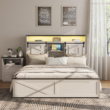 Fameill Farmhouse Full Bed Frame with LED Lights, Charging Station, and 4 Storage Drawers in Antique White - WoodArtSupply