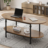 GarveeHome Oval Coffee Brown Table Unique Tea Table 47.2" Cocktail Table Low Storage Coffee Table 2 Tier Vintage Center Table for Living Room Office Rustic Mid Century GarveeHome