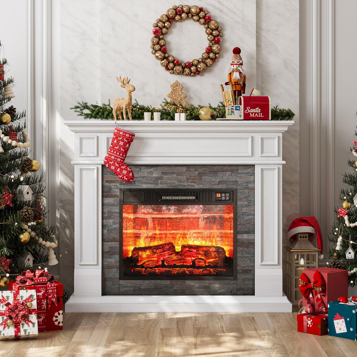 LGHM 44 Inch Electric Fireplace with Mantel, Tall Fireplace Heater Freestanding, Realistic Stacked Stone Surround with Remote Control Timer LED Flame for Living Room, Bedroom LGHM