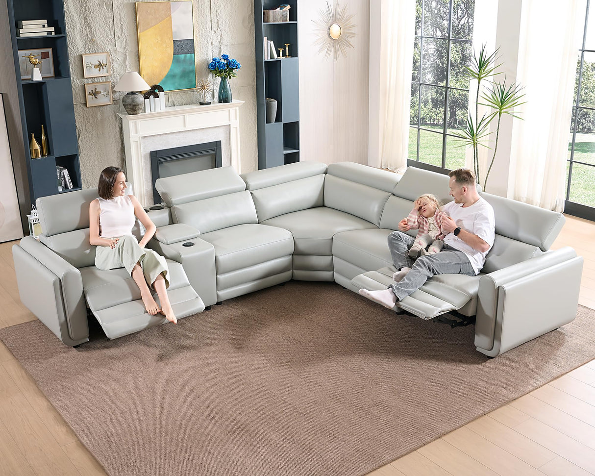 Jocisland Dual Power Recliner, Oversized 5-Seater Sofa with Console, 3 Bluetooth Speakers & Hidden Storage, Modern L Shaped Reclining Couch with 6 Charging Ports - Light Gray Leathaire Jocisland