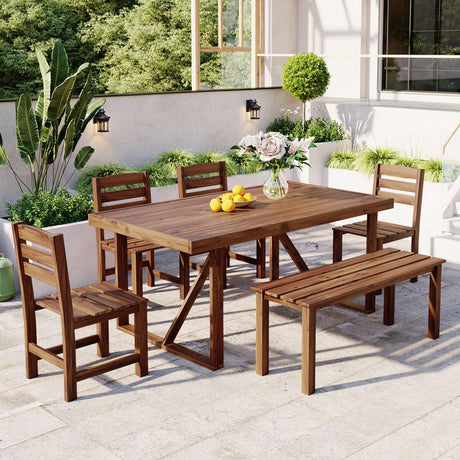 6 Person Outdoor Acacia Wood Dining Table Set, All Weather 6 Pieces Conversation Set, 60'' Rectangle Dining Table with 4 Chairs and Bench for Patio Backyard Garden Poolside Balcony (Brown-26) VilroCaz
