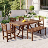 Amposei Outdoor Wood Dining Table Set 6-Piece Patio Dining Furniture Table Set with 4 Chairs & Bench for Garden, Balcony, Backyard, Brown Amposei
