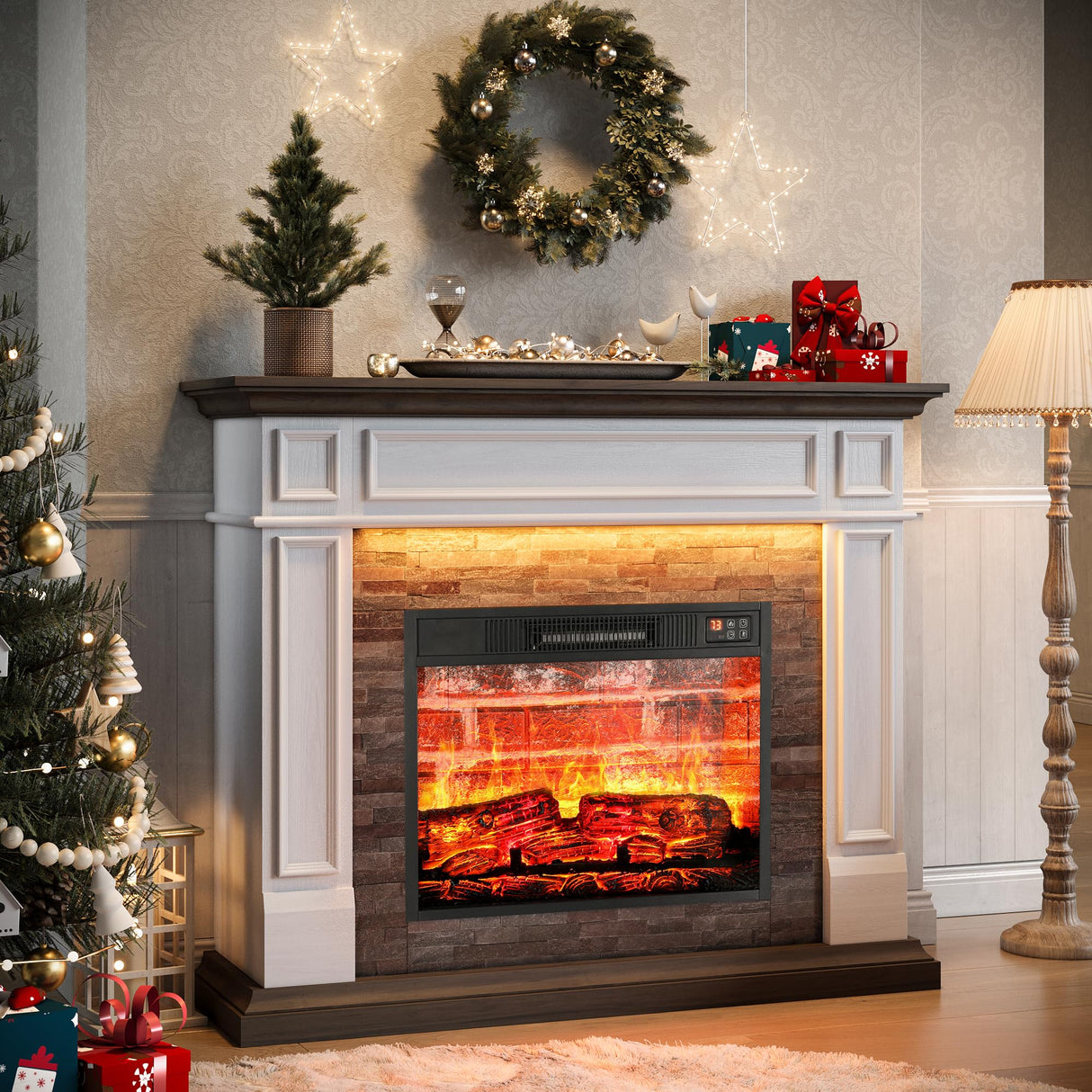 44" Electric Fireplace Mantel, LED Farmhouse TV Stand with Electric Fireplace Heater, Stacked Stone Surround and Remote Control 3D Realistic Flame, White Fireplace for Living Room Bedroom Naice