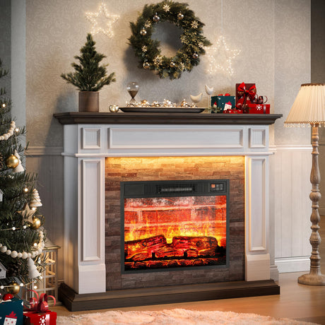 44" Electric Fireplace Mantel, LED Farmhouse TV Stand with Electric Fireplace Heater, Stacked Stone Surround and Remote Control 3D Realistic Flame, White Fireplace for Living Room Bedroom Naice