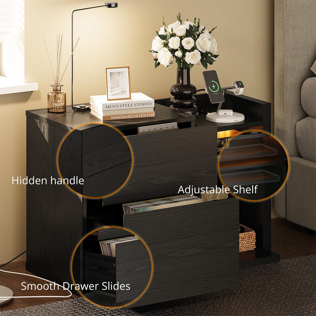 LIKIMIO Black Night Stand with Shelves, Charging Station & LED, 2 Drawer Wooden Bedside Table Record Player Stand for Bedroom, Entryway, Large LIKIMIO