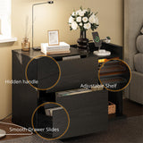 LIKIMIO Black Night Stand with Shelves, Charging Station & LED, 2 Drawer Wooden Bedside Table Record Player Stand for Bedroom, Entryway, Large LIKIMIO