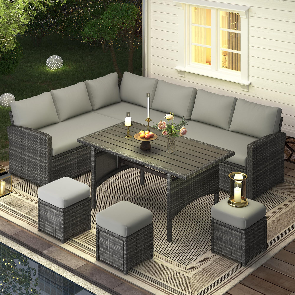 U-MAX 7 Pieces Patio Furniture Set, Outdoor Sectional Sofa Conversation Set, All Weather Wicker Rattan Dining Table & Chair with Ottoman, Grey Rattan&Grey Cushion U-MAX