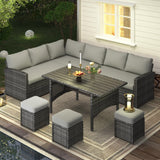 U-MAX 7 Pieces Patio Furniture Set, Outdoor Sectional Sofa Conversation Set, All Weather Wicker Rattan Dining Table & Chair with Ottoman, Grey Rattan&Grey Cushion U-MAX