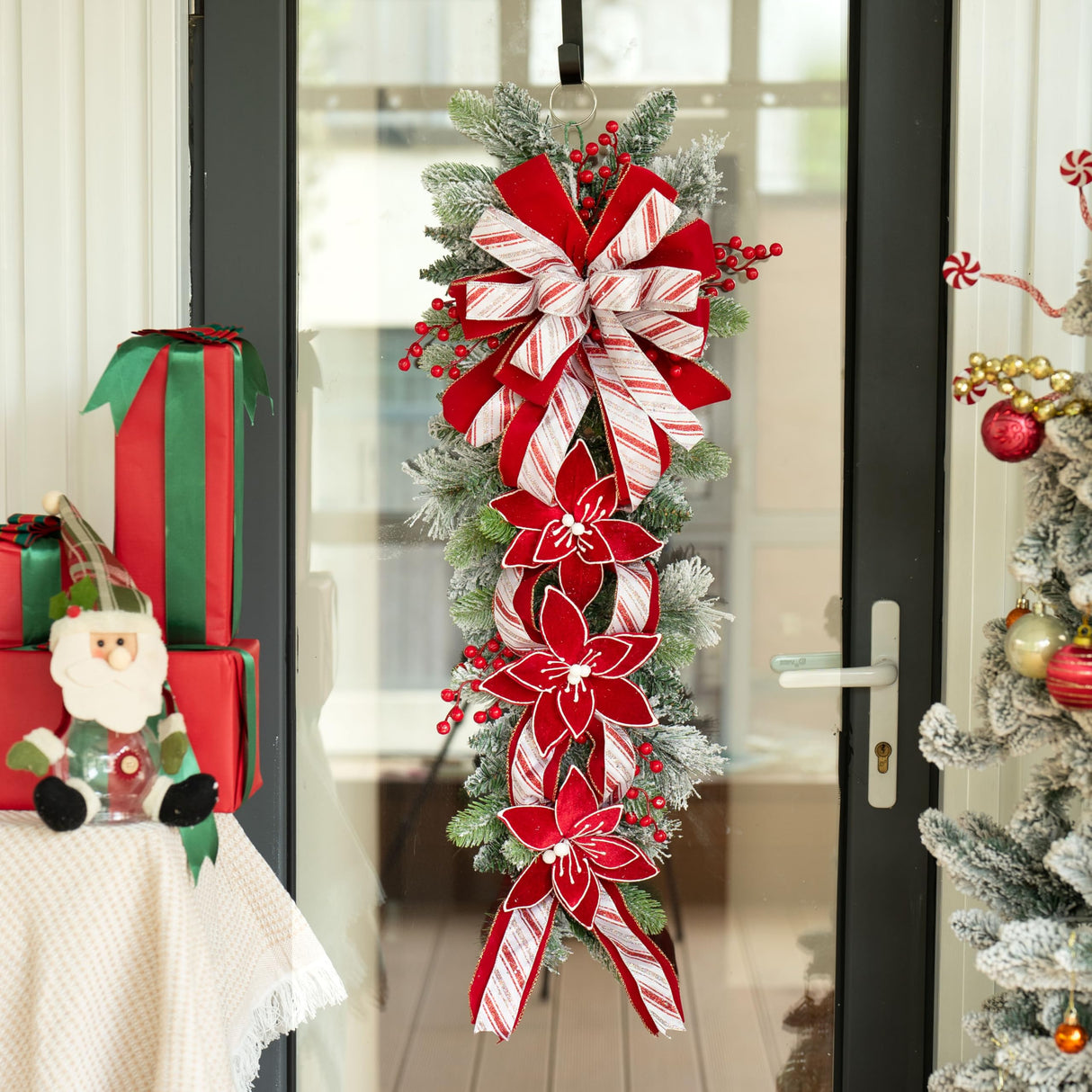 36 Inch Pre-Lit Christmas Teardrop Swag, Soomeir Winter Holiday Swags Wreaths with Red Velvet Glitter Stripe Ribbon, Red Berries for Front Door, Wall Window Fireplace Mailbox Artificial Decor Soomeir