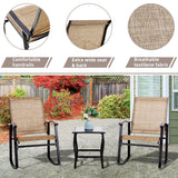 Vongrasig 3 Piece Outdoor Rocking Bistro Set, Textilene Fabric Small Patio Furniture Set, Front Porch Rocker Chairs Conversation Set with Glass Table for Lawn, Garden, Balcony, Poolside (Brown) Vongrasig