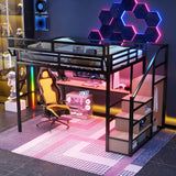 Mirightone Queen Size Loft Bed with Desk & Stairs, Heavy-Duty Metal Loft Beds with LED and Charging Station, High Loft Bed Frame with Wardrobe for Boys Girls and Teens, No Box Spring Needed (Black) Mirightone