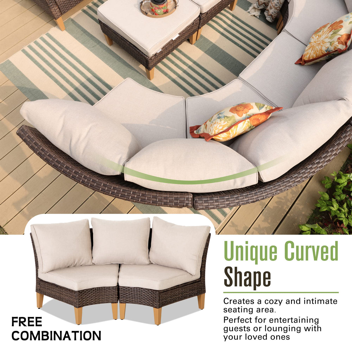 PHI VILLA 10-Piece Outdoor Sectional Half-Moon Curved Furniture Sofa, Wicker Patio Conversation Set for 10 Seats with Cushions for Garden Poolside, Blue PHI VILLA