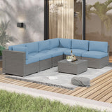 Crownland 7-Pieces Outdoor Patio Furniture Sets, All-Weather Grey Wicker Rattan Sectional Sofa, Modern Glass Coffee Table and Washable Seat Cushion with YKK Zipper (Light Blue) Crownland