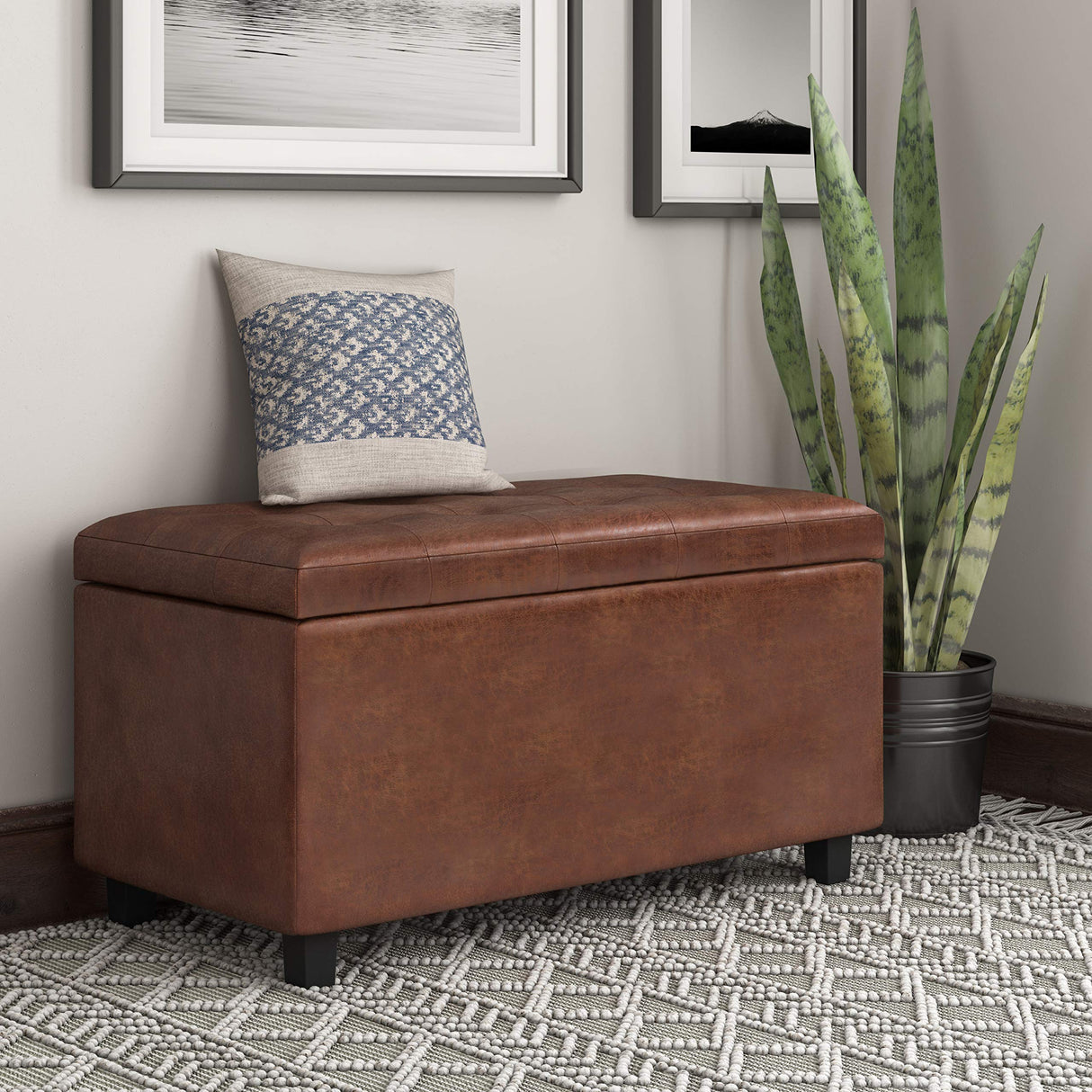 SIMPLIHOME Cosmopolitan Wide Transitional Rectangle Storage Ottoman Vegan Faux Leather, Assembled, for The Living, Entryway and Family Room, 34 inch, Distressed Saddle Brown SIMPLIHOME