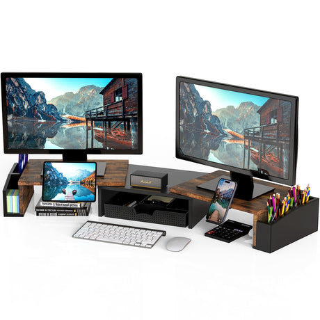 Simple Houseware Desk Dual Monitor Stand Riser with Drawer, Rustic Brown Simple Houseware