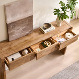 OKD 63'' Console Table with 3 Drawers, Farmhouse Entryway Table with Rounded Corners, Console Table Behind Couch for Living Room/Hallway-Light Knotty Oak OKD