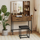 Aklaus Vanity Desk Worn Wood Brown Vanity Table with Light Mirror Small Corner Distressed Wood Makeup Vanity with Stool Modern Dressing Table for Bedroom Walk-in Closet Bathroom Powder Room Aklaus