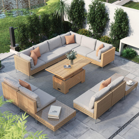 Grand patio 13-Piece Wicker Patio Furniture Set with Lift Top Coffee Storage Table, Outdoor Conversation Set Sectional Sofa with Water Resistant Thick Cushions, Cream Grand patio