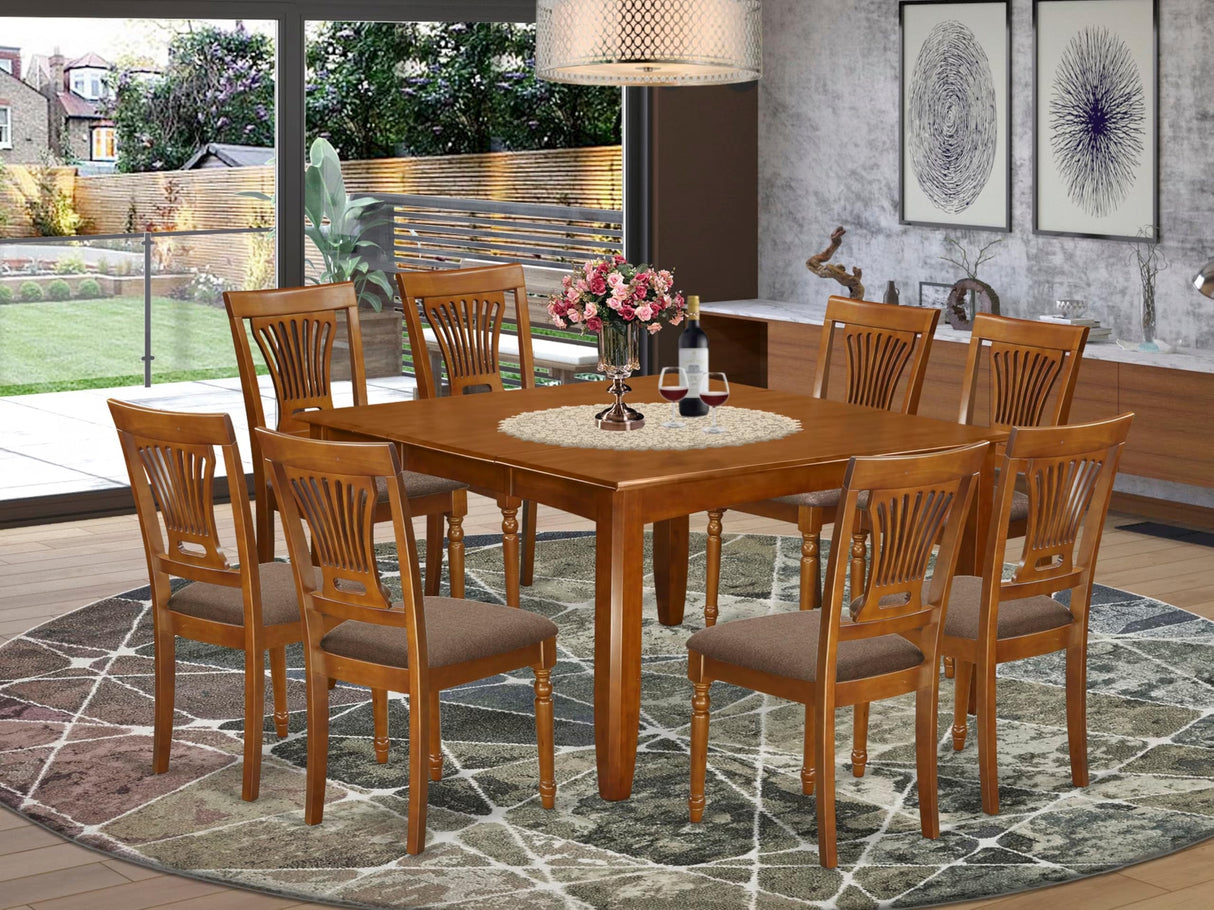 East West Furniture PFPL9-SBR-C 9 Piece Dining Table Set Includes a Square Wooden Table with Butterfly Leaf and 8 Linen Fabric Dining Room Chairs, 54x54 Inch, Saddle Brown East West Furniture