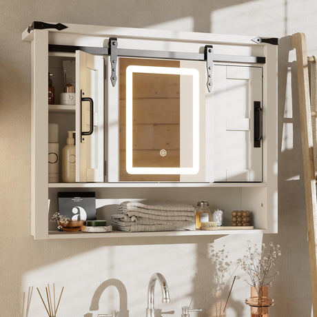 PAKASEPT Farmhouse Bathroom Wall Cabinet, Medicine Cabinet Mirror with LED Lights, Sliding Mirror and Adjustable Shelves,Storage Cabinet Wall Mounted Organizer for Bathroom, Kitchen Dining, White PAKASEPT