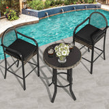 YITAHOME 3-Piece Outdoor Wicker Bar Height Set with Cushioned Barstools, Patio Bistro Furniture for Balcony and Poolside, Black YITAHOME
