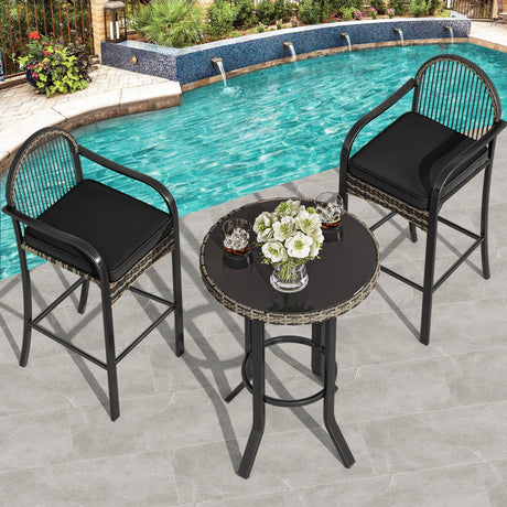 YITAHOME 3-Piece Outdoor Wicker Bar Height Set with Cushioned Barstools, Patio Bistro Furniture for Balcony and Poolside, Black YITAHOME