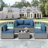 JAMFLY 5 Piece Outdoor Patio Furniture Set, PE Rattan Conversation Sofa Set with Thick Cushions & Glass Top Coffee Table, All-Weather Outside Furniture for Garden, Porch, Aegean Blue JAMFLY