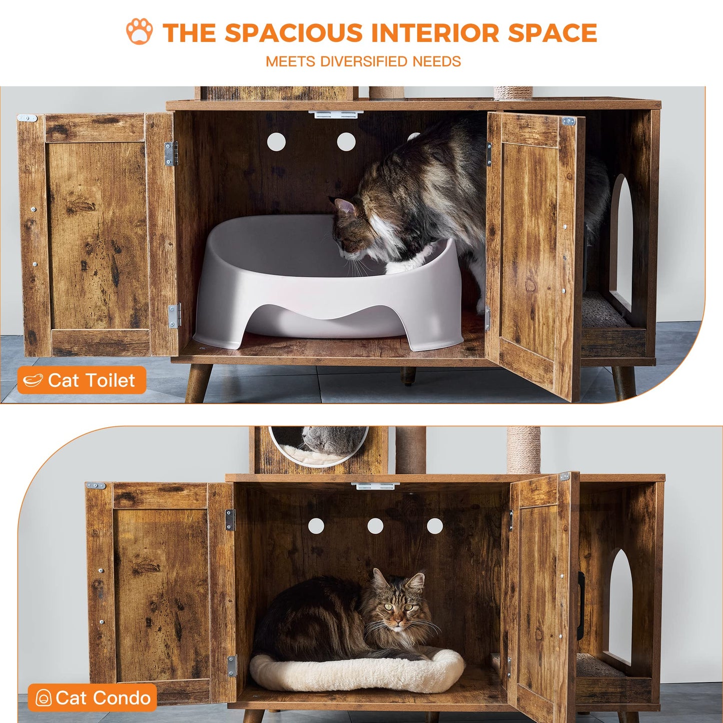 EnHomee Cat Litter Box Enclosure, Modern Cat Tree with Litter Box Enclosure, Box Hidden Furniture, Cute Cat Tower for Indoor Large Cats, Wood Cat Condo with Scratching Post and Hammock - WoodArtSupply