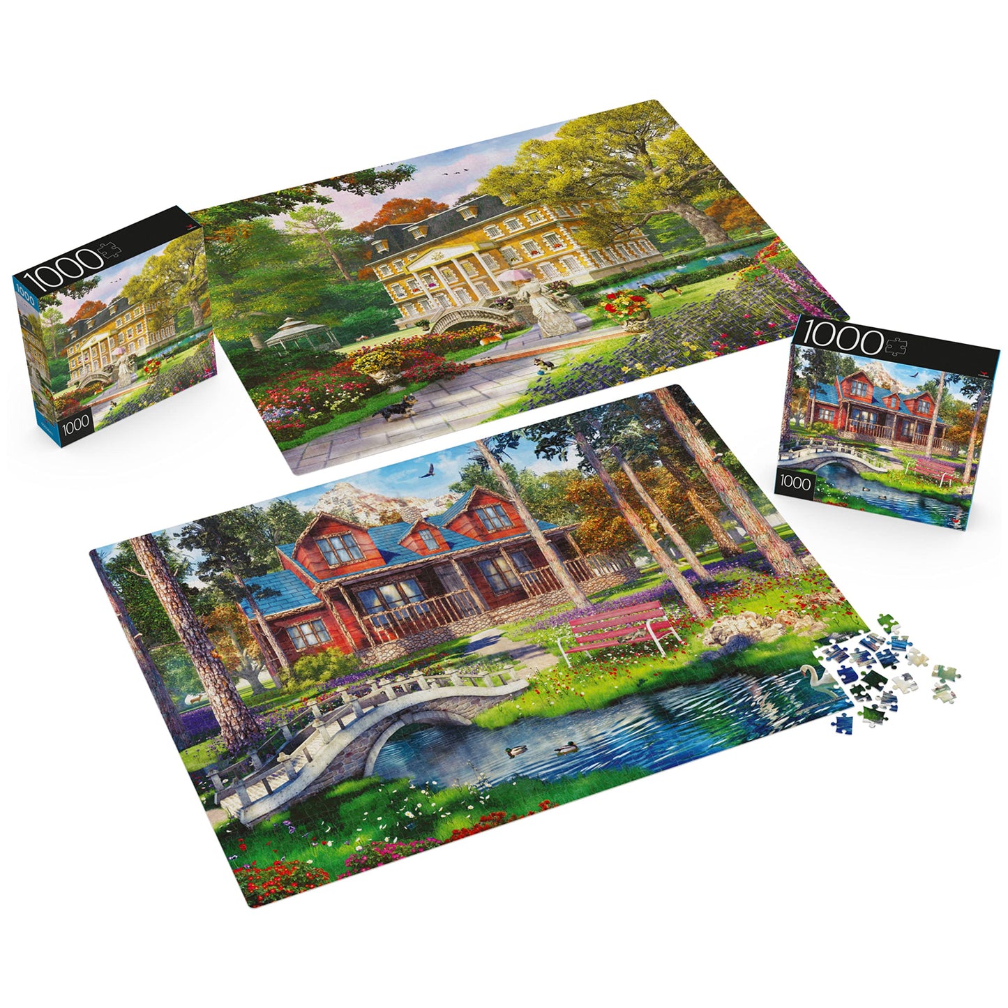 2-Pack of 1000-Piece Jigsaw Puzzles, Pine Cabin & Summer Estate | Puzzles for Adults and Kids Ages 8+, Amazon Exclusive