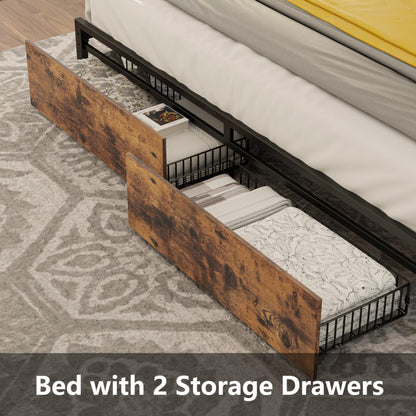 LIKIMIO Vintage Brown King Bed Frame with Storage Headboard and Charging Station - WoodArtSupply