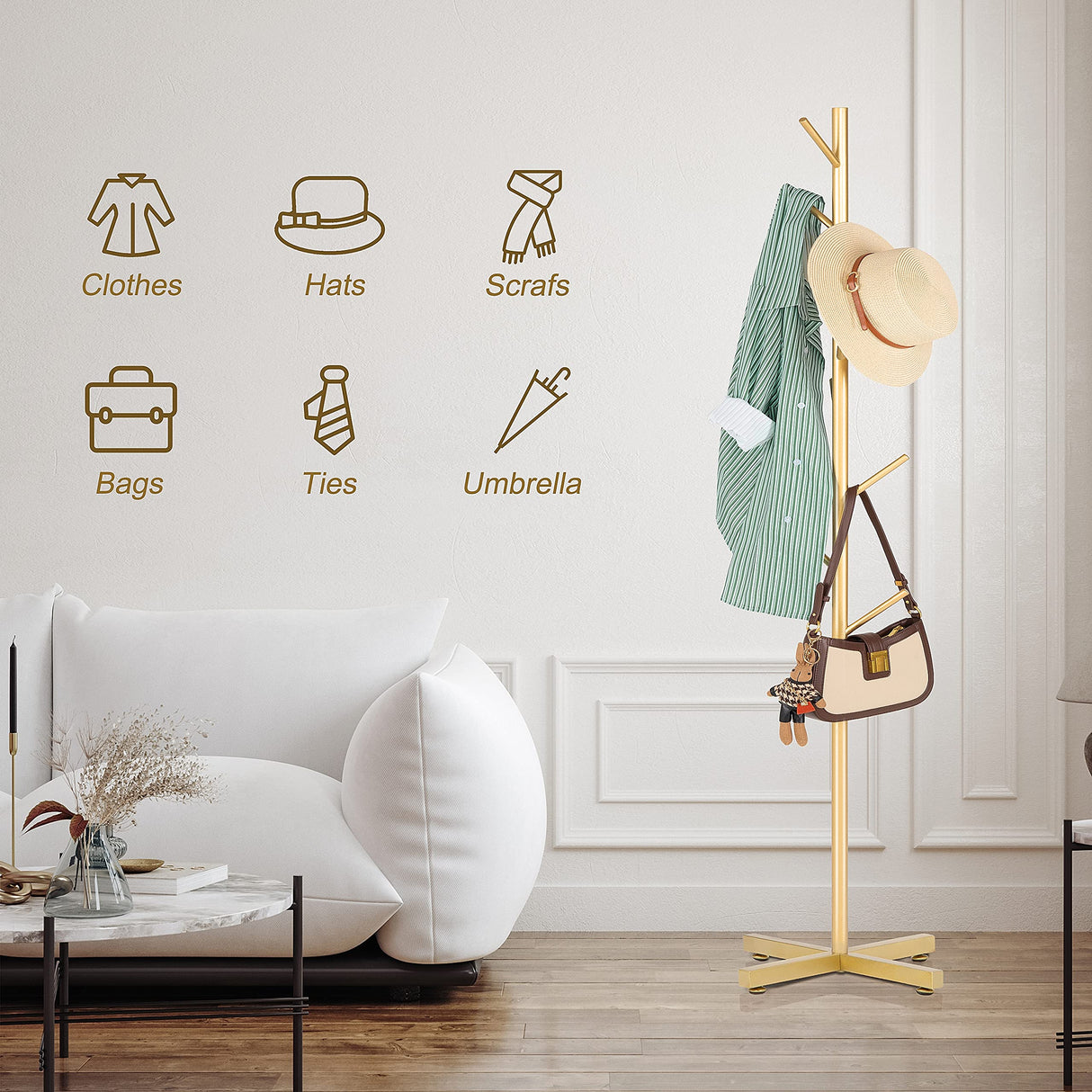 ZOZOE Metal Coat Rack Stand, Modern Coat Rack Freestanding with 8 Hooks, Coat Racks Easy to Assemble, Coat Tree Stand for Bags, Hats, Entryway, Office (Golden) ZOZOE