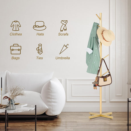 ZOZOE Metal Coat Rack Stand, Modern Coat Rack Freestanding with 8 Hooks, Coat Racks Easy to Assemble, Coat Tree Stand for Bags, Hats, Entryway, Office (Golden) ZOZOE