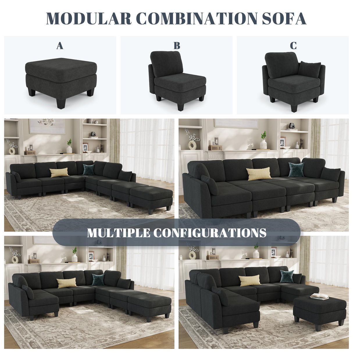 Dowiean Sectional Sleeper Sofa, 8 Seaters Modular Sleeper Sofa Couch, Comfy Sectionals Couches Bed, Convertible Sofas with Ottomans, Modular Sectional Couches for Living Room, Dark Grey Dowiean