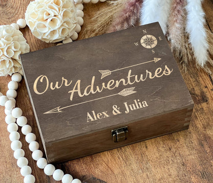 Our Adventures Box, 8.5 in x 8 in x 2.5 in, Wooden Box, Keepsake Box, Memory Box, Gift box, 5th Anniversary Gift, Unique Gift Ideas, Travel, Wooden