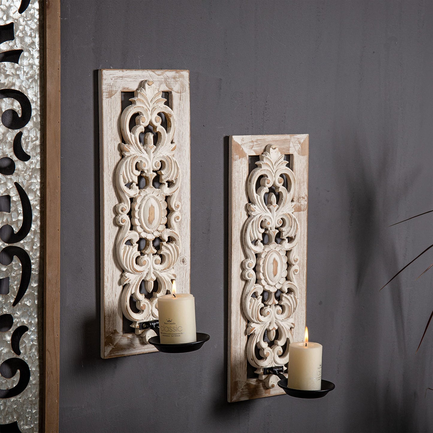 SOFE Openwork Carving Wall Candle Sconces Set of Two, Distressed Finish Wood Candle Holder Wall Decor Living Room, Rustic Farmhouse Candle Wall Sconces, Bedroom Hallway Wall Art Decoration - WoodArtSupply