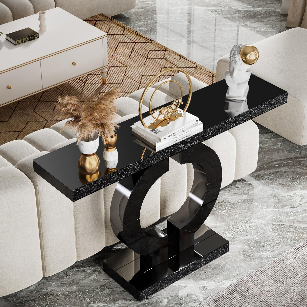 Tribesigns 43-Inch Mirrored Console Table with O-Shaped Base, Modern Entryway Table Glass Sofa Table with Mirror Finish, Rectangle Narrow Accent Foyer Table for Living Room Hallway Entrance (Black) Tribesigns