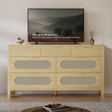 DWVO Natural Rattan 7 Drawer Dressers - Oak Wooden Dresser Chest of Drawers with Golden Handles - Modern Large Closet Boho Dressers Storage Cabinet for Living Room/Hallway/Entryway DWVO