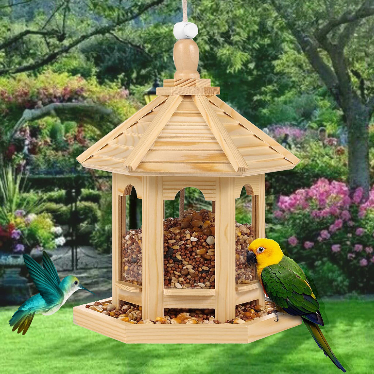 Wooden Bird Feeder for Outside Garden,Hanging Bird Feeders Wood Hexagon Shaped Gazebo Bird Feeder Large Capacity,Wood House Bird Feeder for Cardinal Sparrow Finch AiduduPet