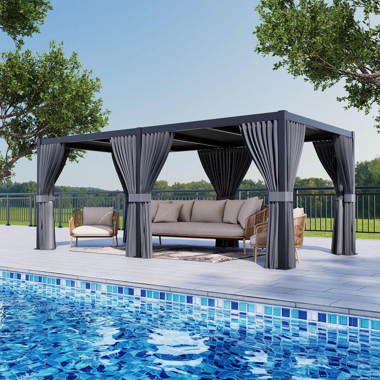 HOMPUS Louvered Pergola 10' x 20', Outdoor pergola with Aluminum Frame and Adjustable Rainproof Roof, Modern Louvre Shade for Garden & Patio, Curtains and Netting Included, Black HOMPUS