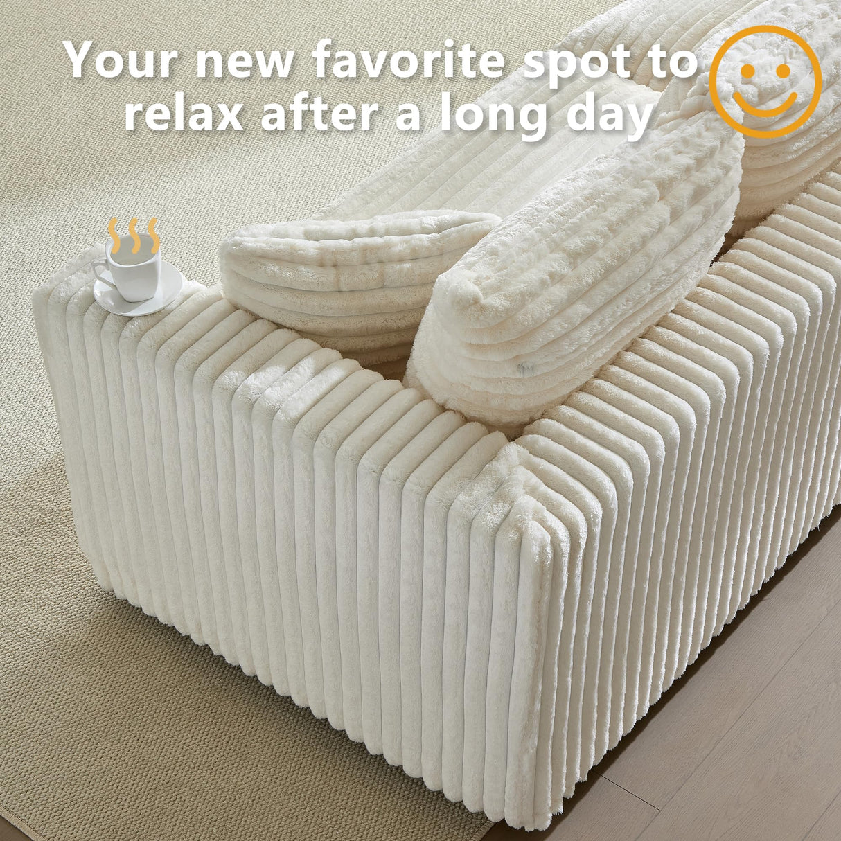 Tabaray 102.4" Oversized Cloud Couch, Convertible 4 Deep Seat Foam Sofa Couch, 2 in 1 Plush Corduroy Sofa with 6 Soft Pillows, Modern Modular Sectional Couches for Living Room, Apartment, Beige Tabaray